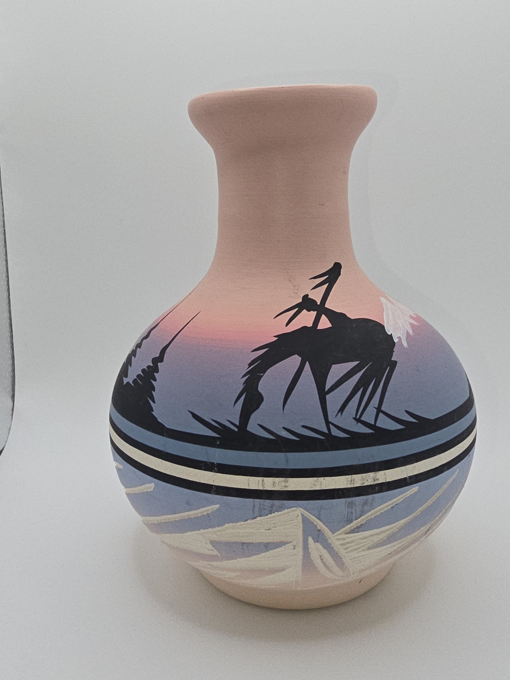 Steve Navajo Hand-Painted Pink and Blue Home Art Vase With Etvhing